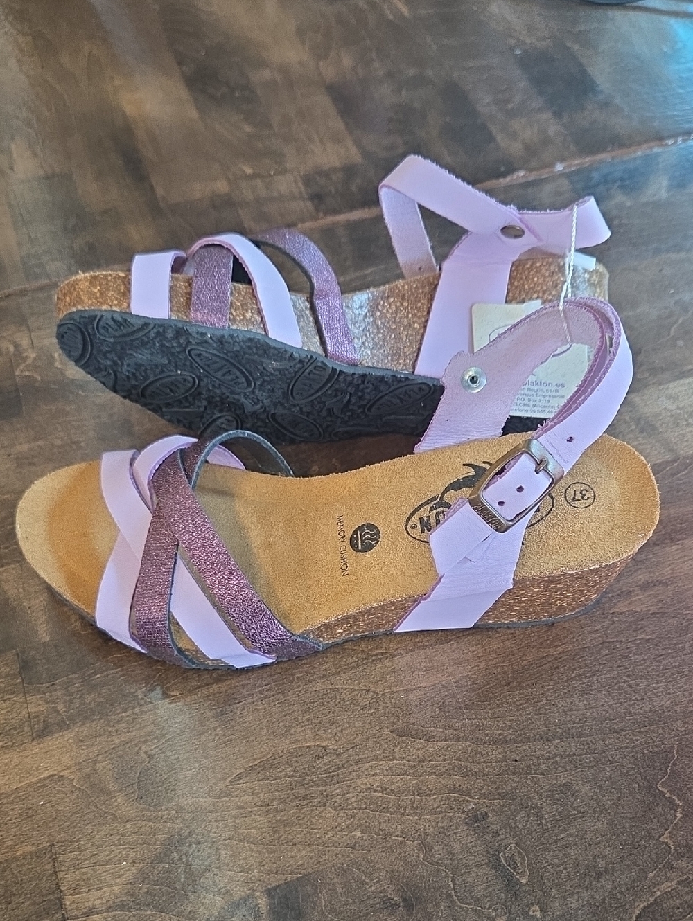 Plakton Size 6 Women's Lavender Cork Wedge Sandals with Metallic Straps NEW